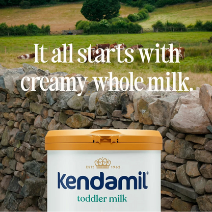 Kendamil toddler milk container with a scenic background of cows in a field.
