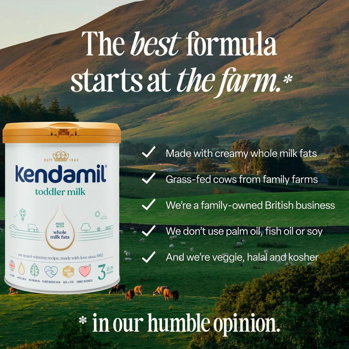 Kendamil toddler milk container with a scenic farm background