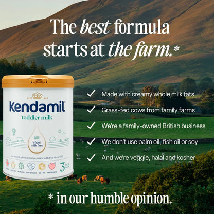 Kendamil toddler milk container with a scenic farm background