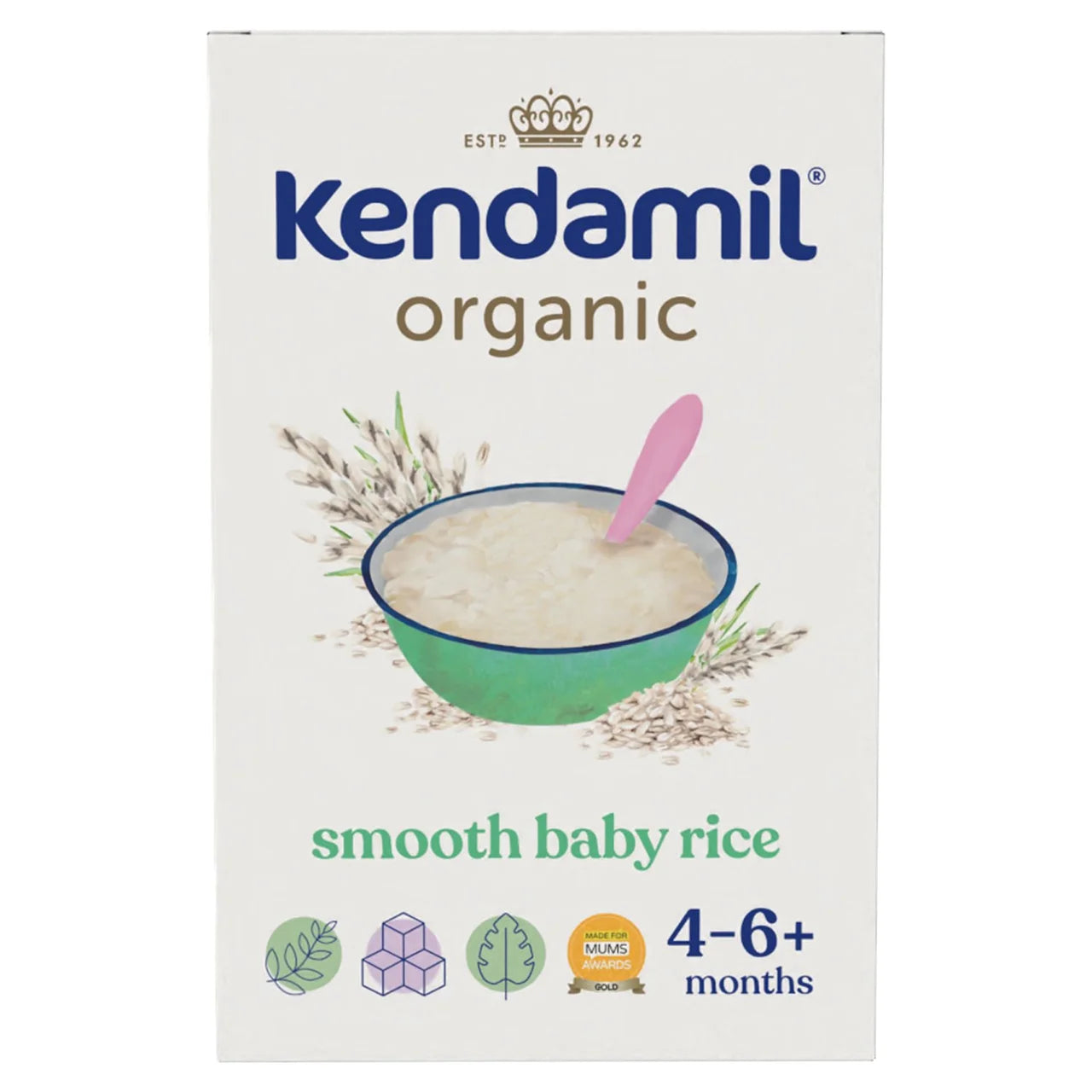 Kendamil organic smooth baby rice packaging on a white background