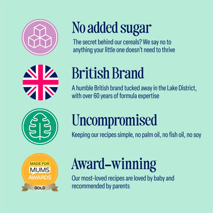Promotional graphic for a cereal brand with text and logos on a light blue background