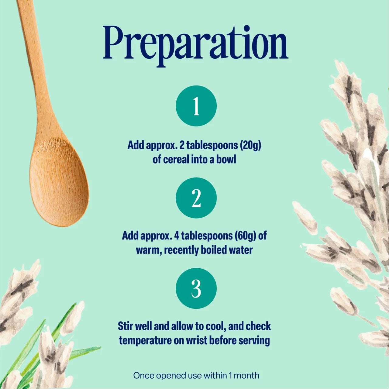 Instructions for preparing a cereal dish with a wooden spoon and decorative elements on a light green background.
