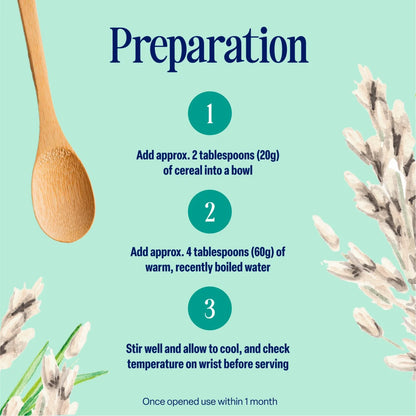 Instructions for preparing a cereal dish with a wooden spoon and decorative elements on a light green background.