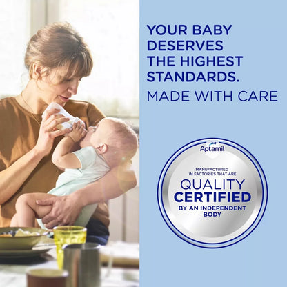 Woman holding a baby with a blue background and Aptamil logo, text 'Your baby deserves the highest standards. Made with care.