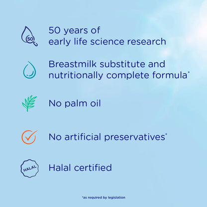A light blue promotional graphic with text callouts about product benefits: 50 years of early life science research, breastmilk substitute and nutritionally complete formula, no palm oil, no artificial preservatives, and halal certified. Small icons accompany each claim.