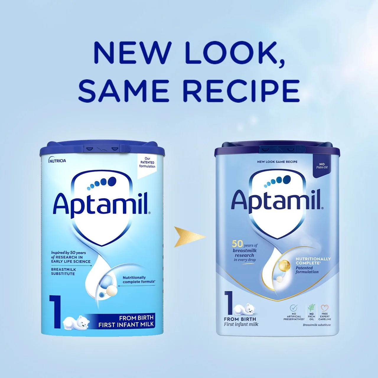 Two Aptamil baby formula cans side by side with text 'New Look, Same Recipe' on a blue background