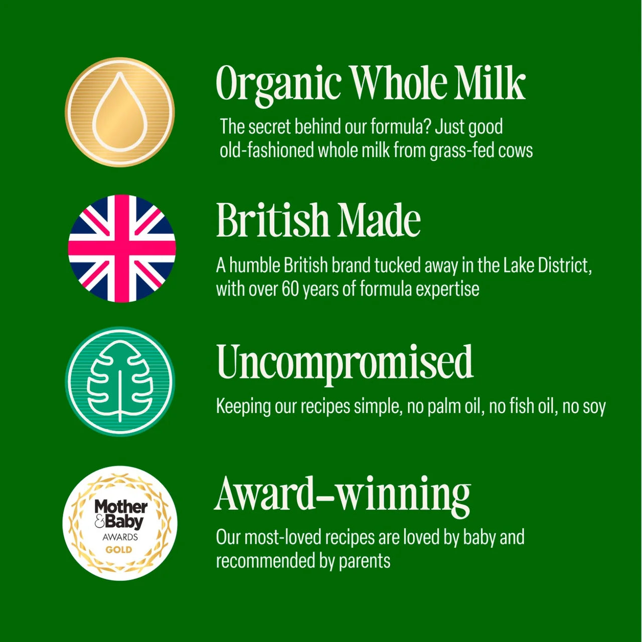 A green promotional graphic with four text callouts and icons: Organic Whole Milk, British Made, Uncompromised, and Award-winning, including the Mother & Baby Awards Gold badge.