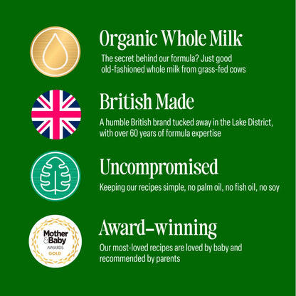 A green promotional graphic with four text callouts and icons: Organic Whole Milk, British Made, Uncompromised, and Award-winning, including the Mother & Baby Awards Gold badge.