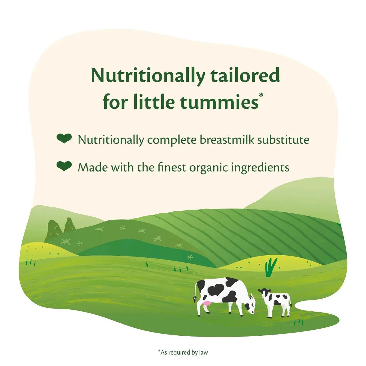 Advertisement for a nutritionally tailored product for infants, featuring a cow and calf with green fields in the background.