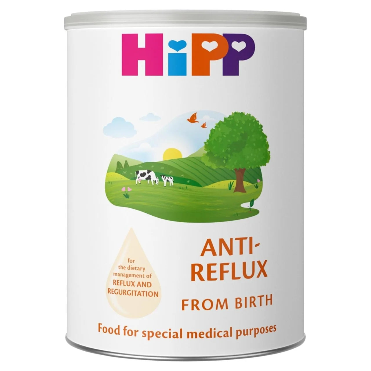 Hipp anti-reflux baby food can with a scenic design on a white background