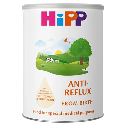 Hipp anti-reflux baby food can with a scenic design on a white background