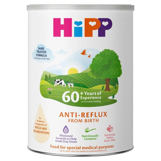 HiPP anti-reflux baby formula can with a scenic label on a white background