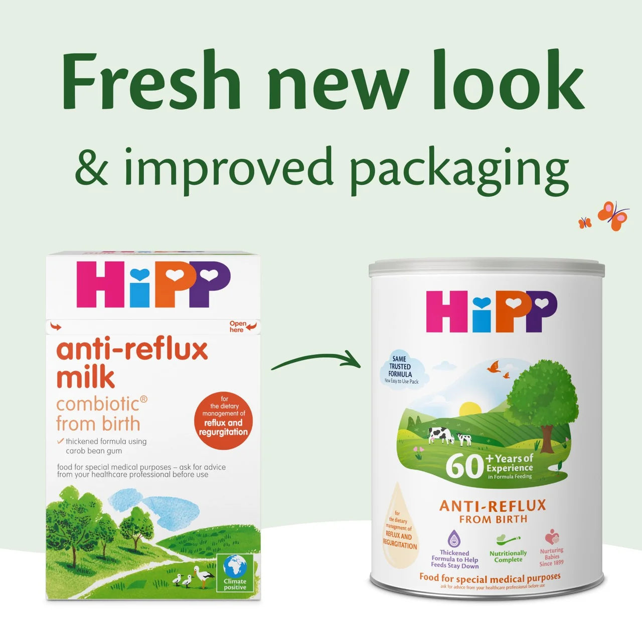 HiPP anti-reflux milk packaging comparison with new and old design on a light green background