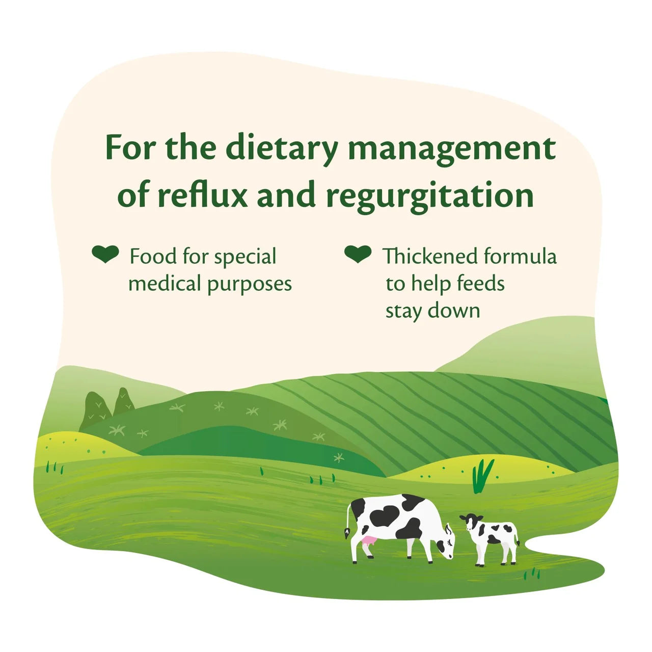 Illustration of cows in a green landscape with text about dietary management for reflux and regurgitation.