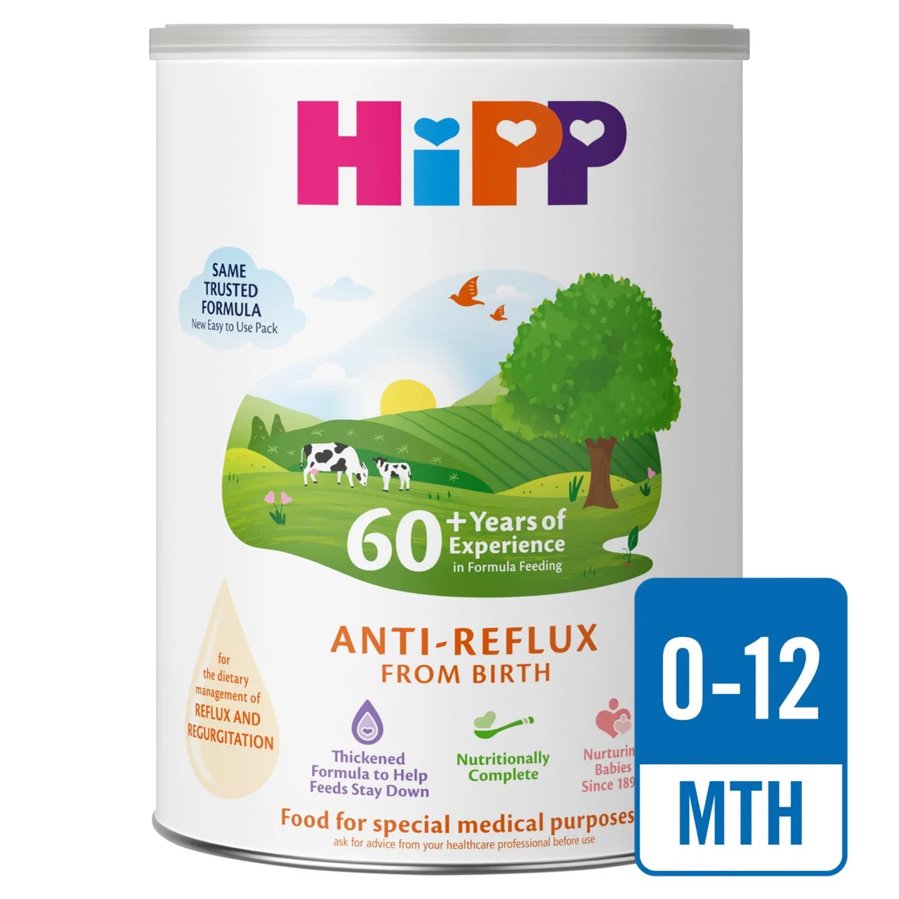 A canister of Hipp Anti-Reflux From Birth formula, designed for babies 0-12 months. The white cylindrical canister features the colorful Hipp logo at the top and a green landscape illustration in the center.