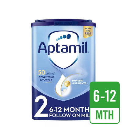 A canister of Aptamil 2 Follow On Milk powder, 6-12 months, shown on a white background with a green '6-12 MTH' badge overlay.
