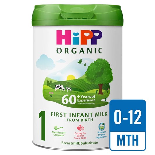 Hipp Organic First Infant Milk container with green lid on a white background