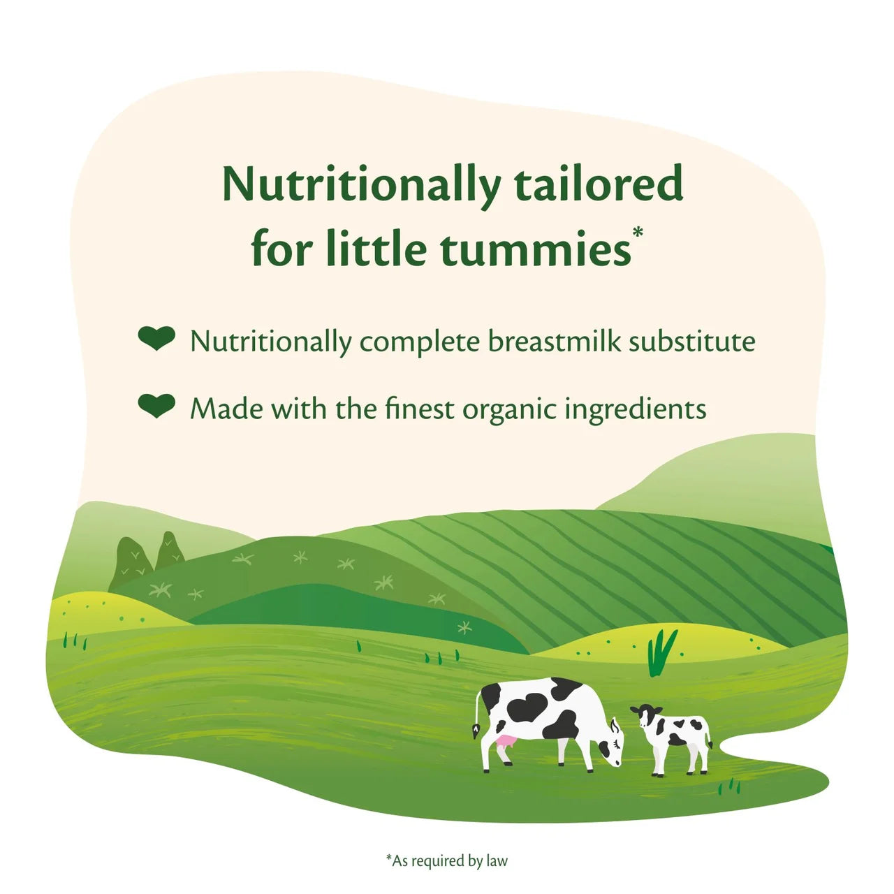Advertisement for a nutritionally tailored product for infants, featuring a cow and calf with green fields in the background.