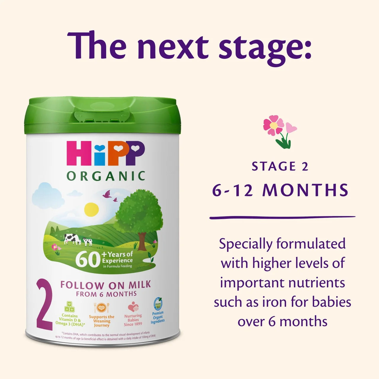 Hipp Organic Stage 2 baby formula can with text on a white background