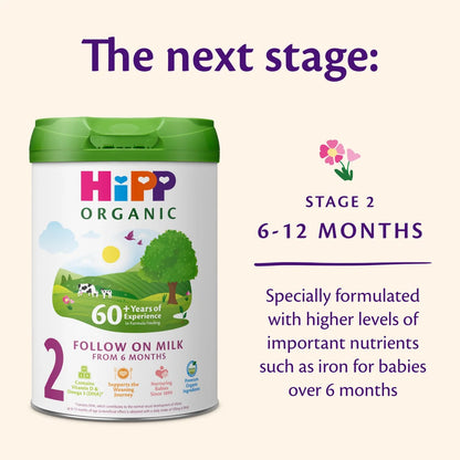 Hipp Organic Stage 2 baby formula can with text on a white background
