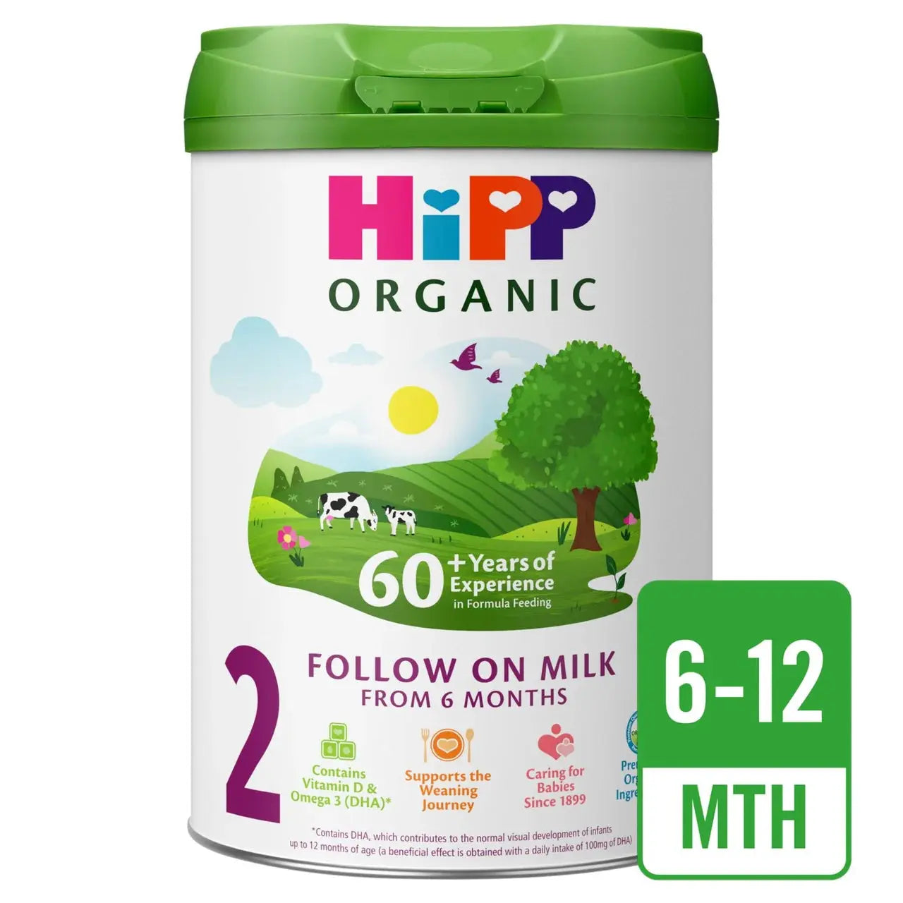 Hipp Organic Follow on Milk container with green lid and colorful branding