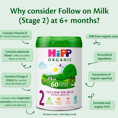 Hipp Organic Follow on Milk Stage 2 container with benefits listed on a green background