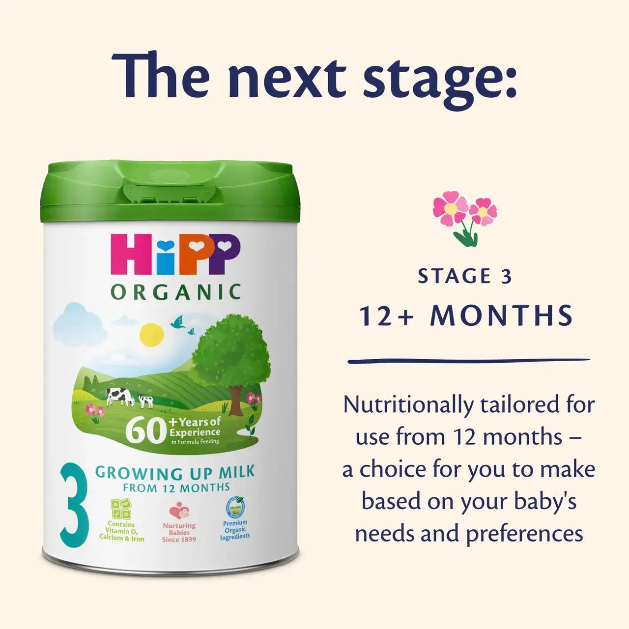 Hipp Organic Stage 3 baby milk powder can with text on a white background