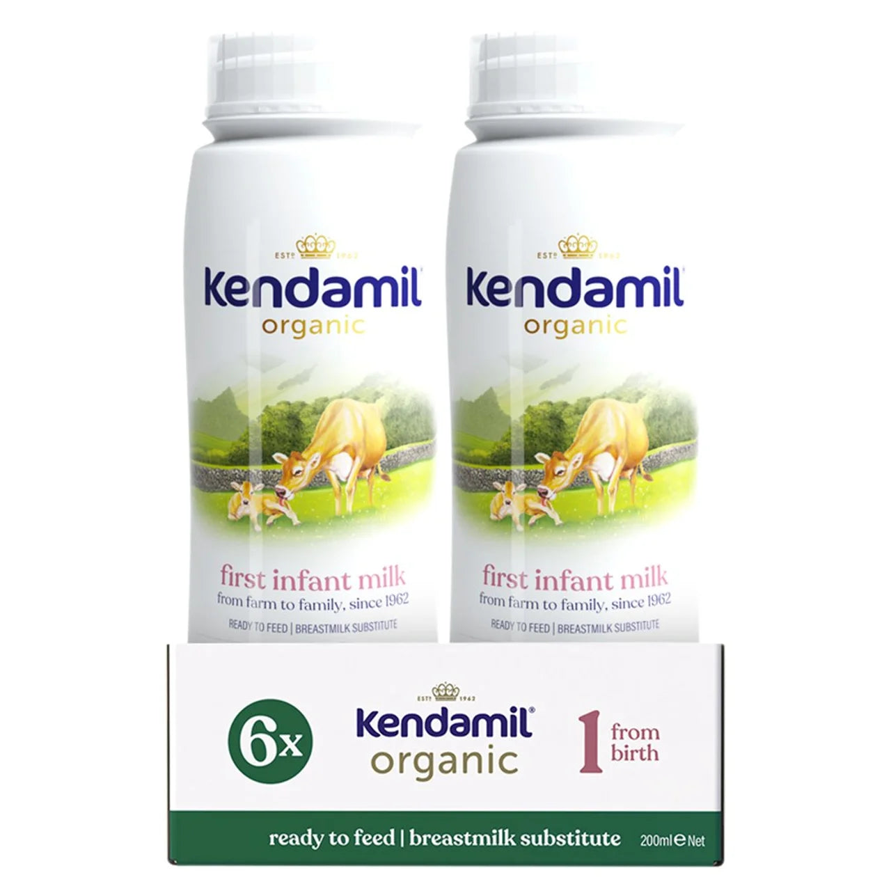 Two bottles of Kendamil organic first infant ready to feed milk formula with a box in the foreground on a white background.