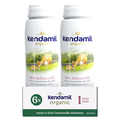 Two bottles of Kendamil organic first infant ready to feed milk formula with a box in the foreground on a white background.
