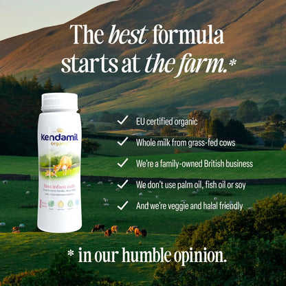 Kendamil organic infant milk formula bottle with a scenic farm background