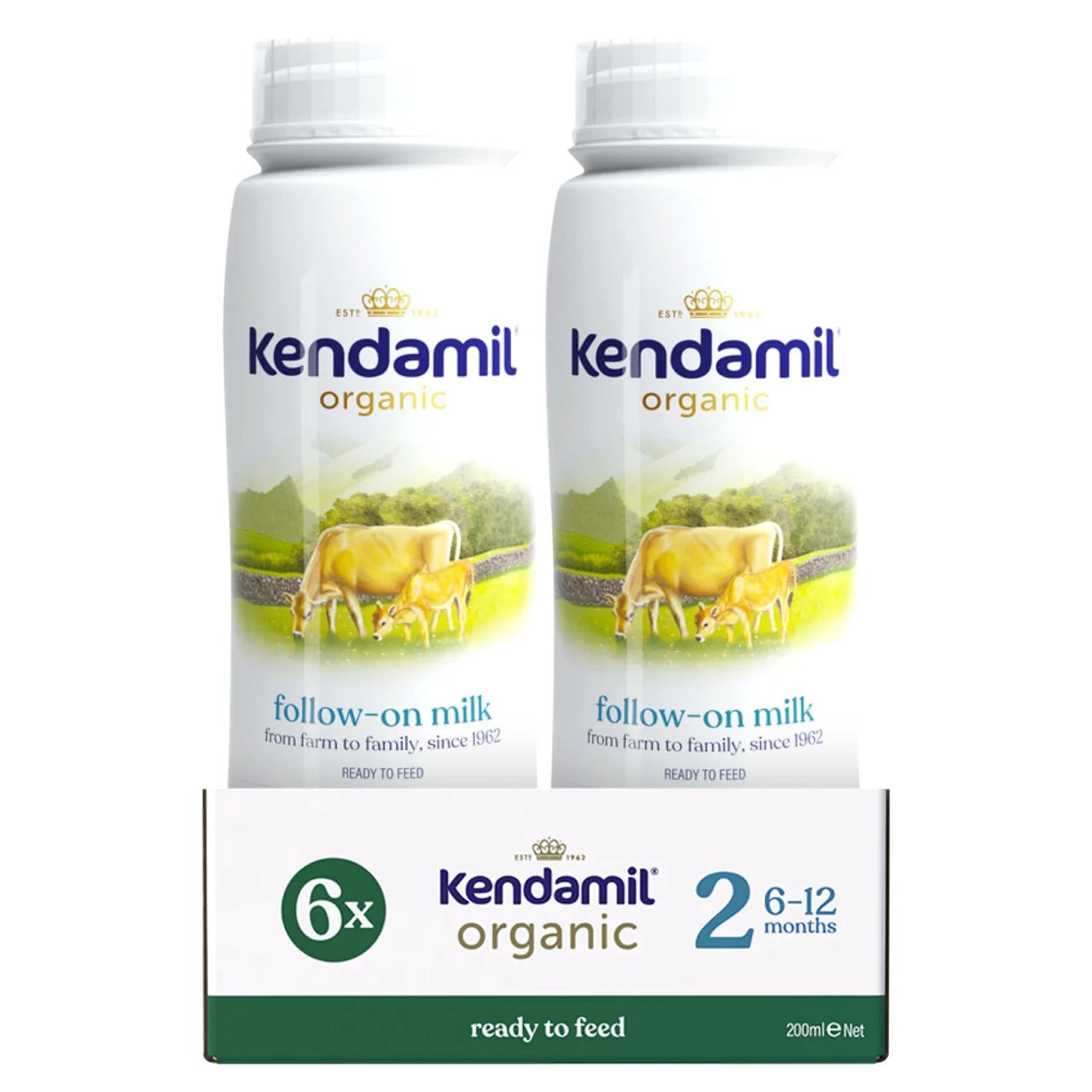 Two bottles of Kendamil organic follow-on milk with a box in the foreground on a white background.
