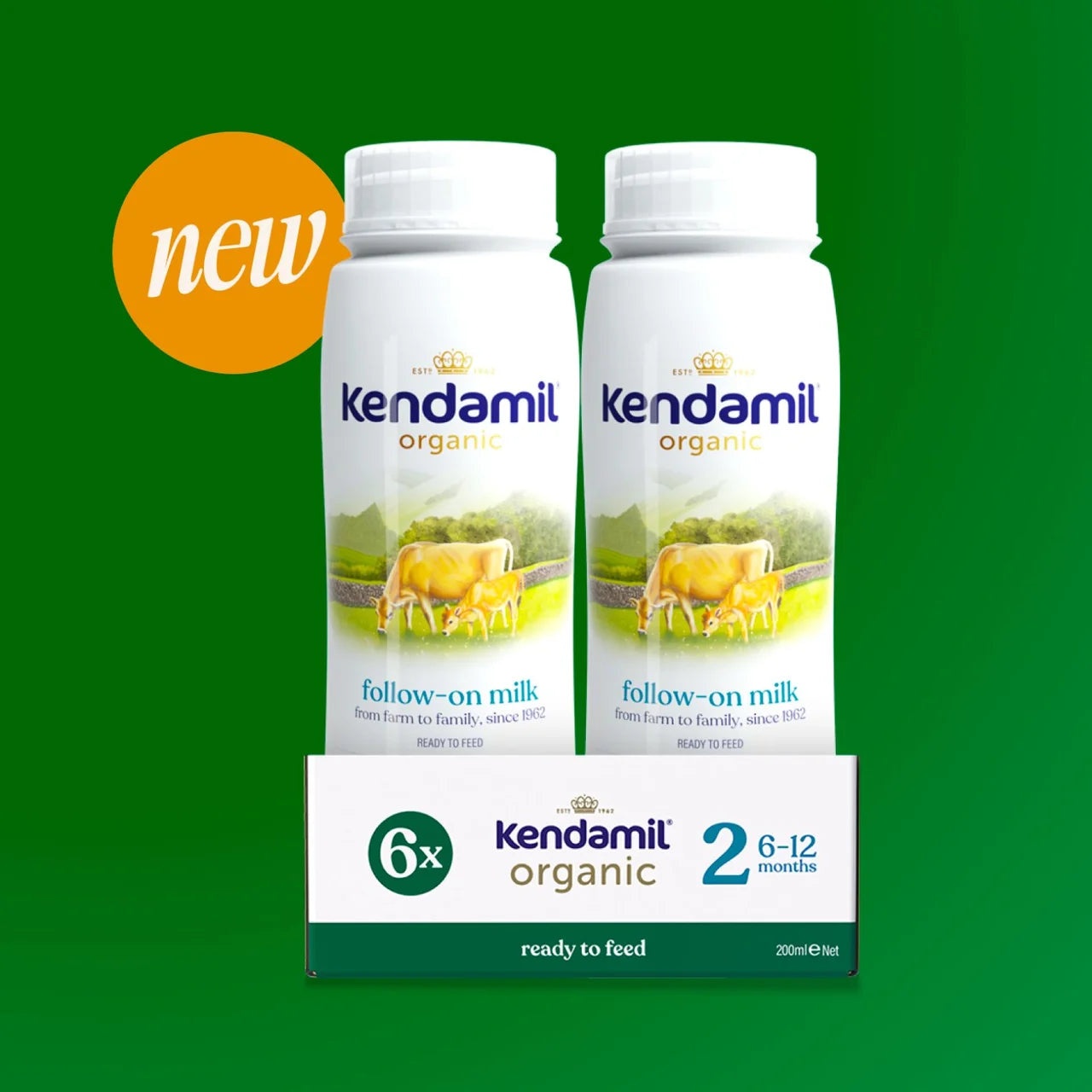 Two bottles of Kendamil organic follow-on milk on a green background with 'new' label.