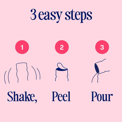 Three-step guide for using a product with icons and text on a pink background