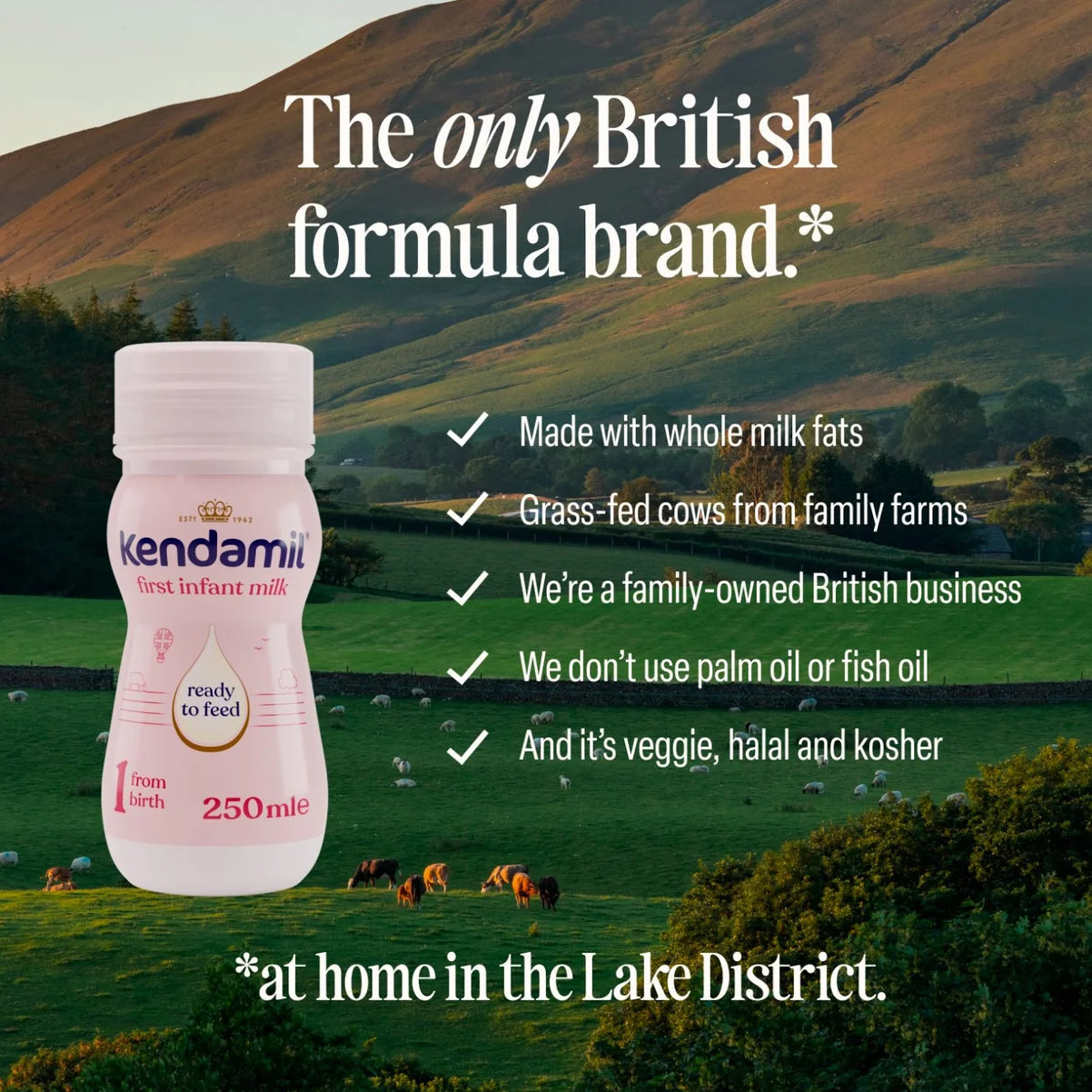 Kendamil baby formula bottle with scenic Lake District background