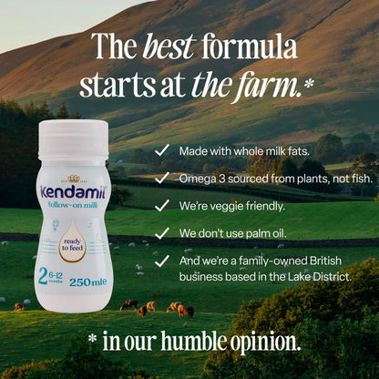 Kendamil Follow-On milk bottle with scenic background and text about product features.