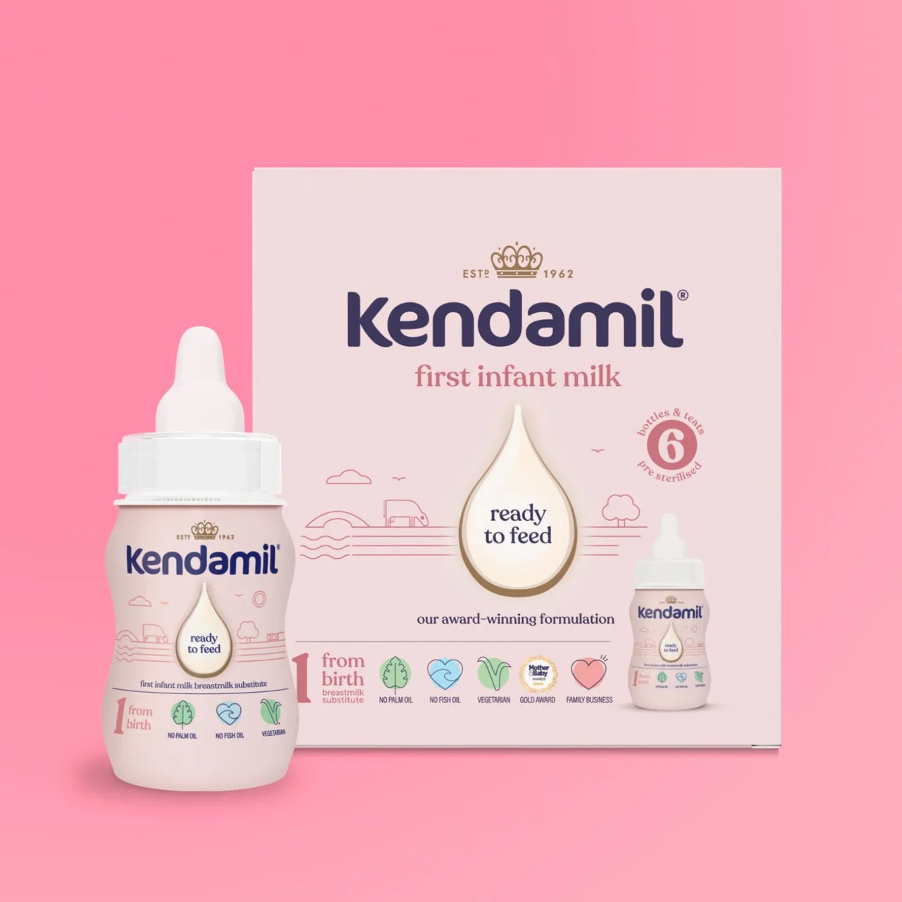 Kendamil bottle and packaging on a pink background