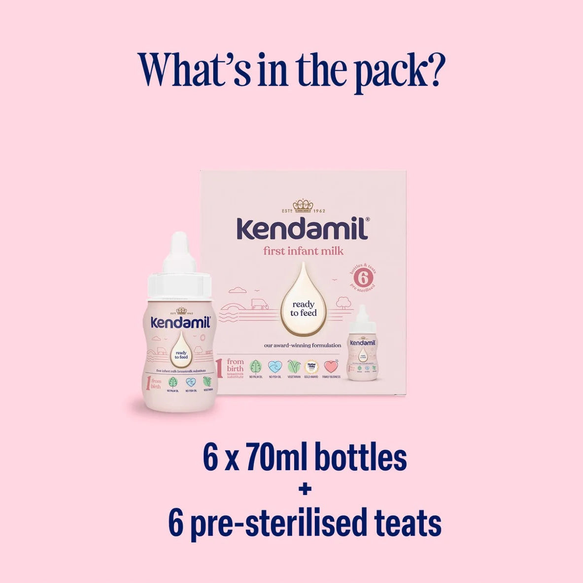 Kendamil milk packaging with a bottle and box on a pink background, detailing contents and important notice.