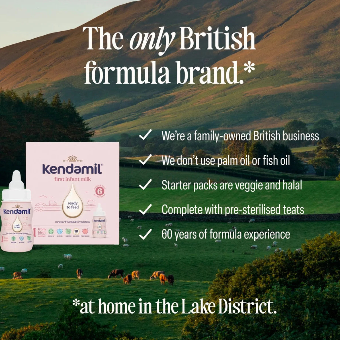 Kendamil formula packaging with scenic Lake District background