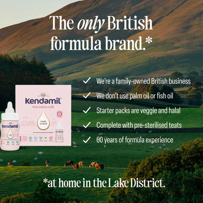Kendamil formula packaging with scenic Lake District background