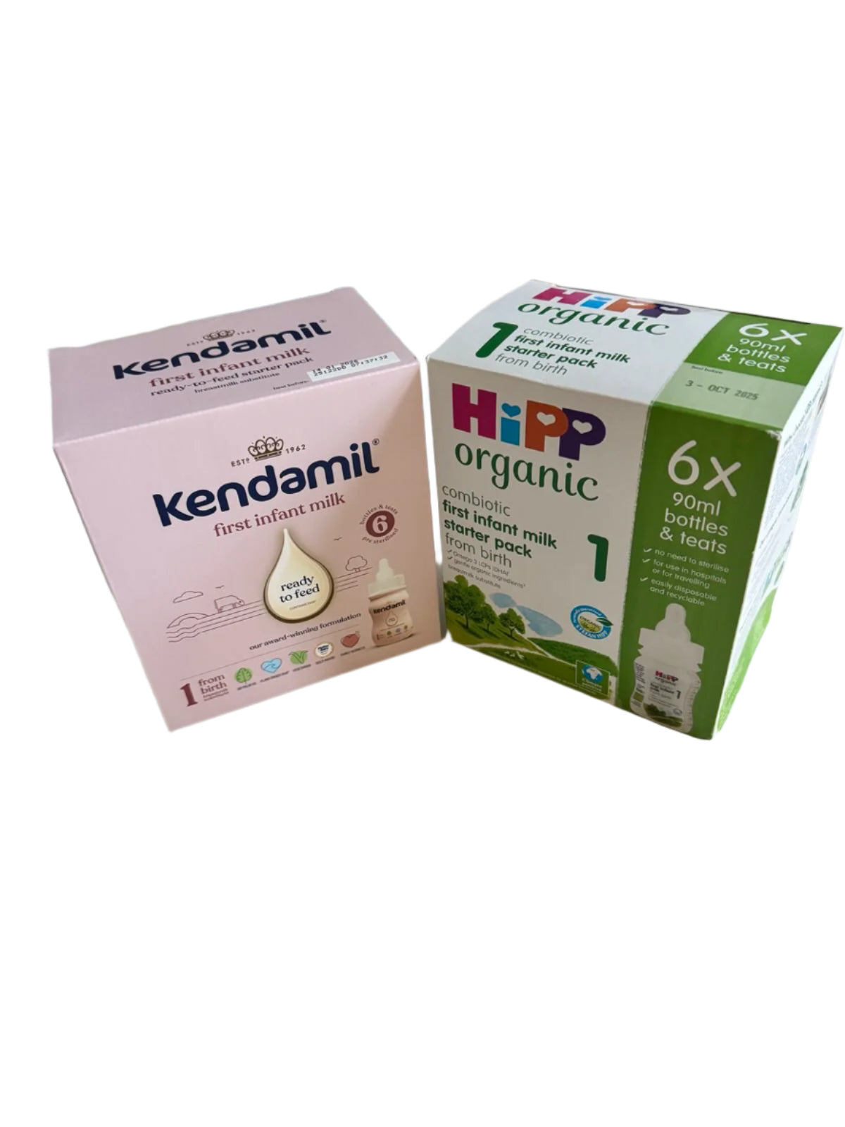 Boxes of Kendamil and Hipp ready to feed formula against a white background.