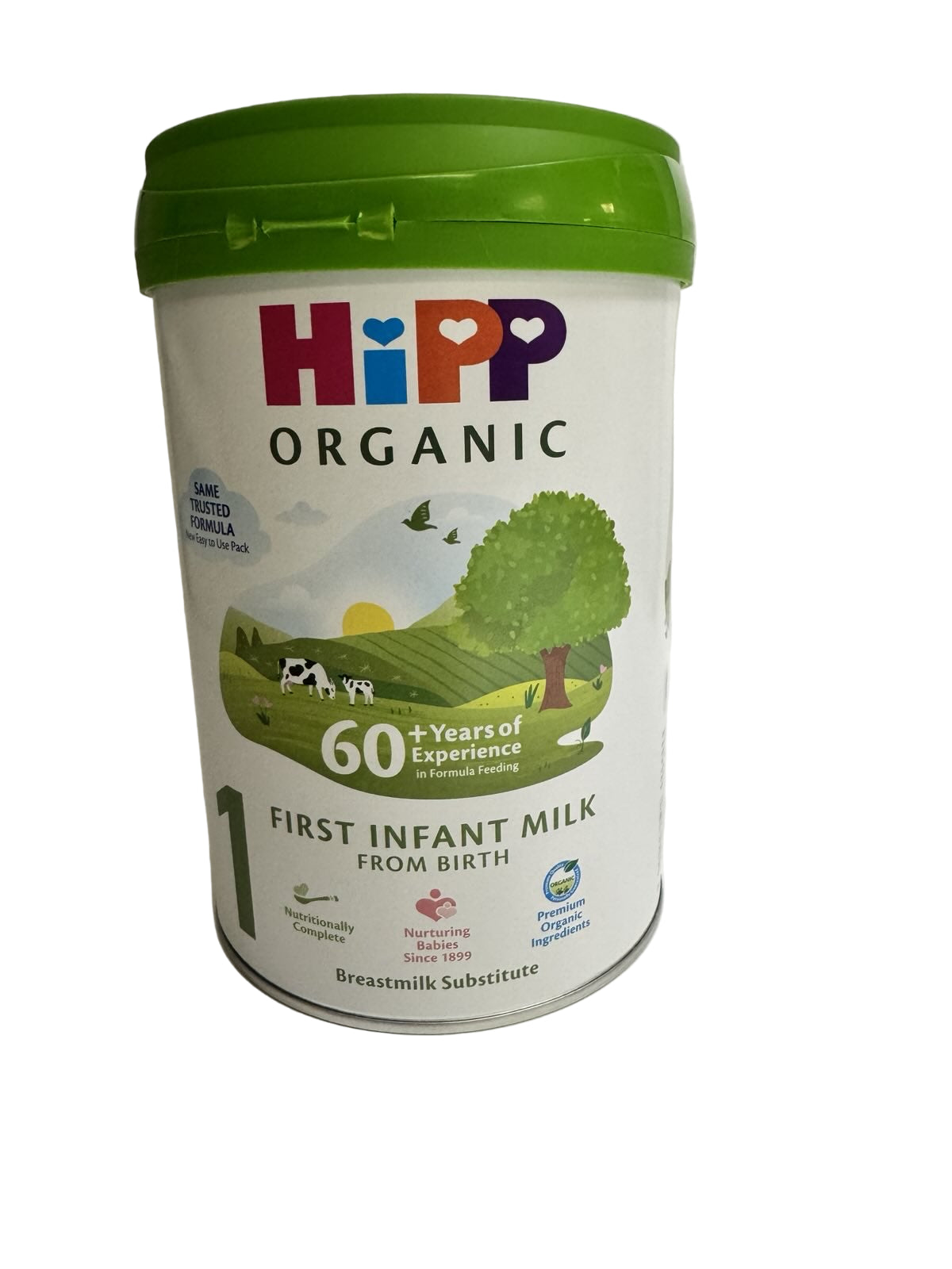 Hipp Organic First Infant Milk container with green lid on a white background