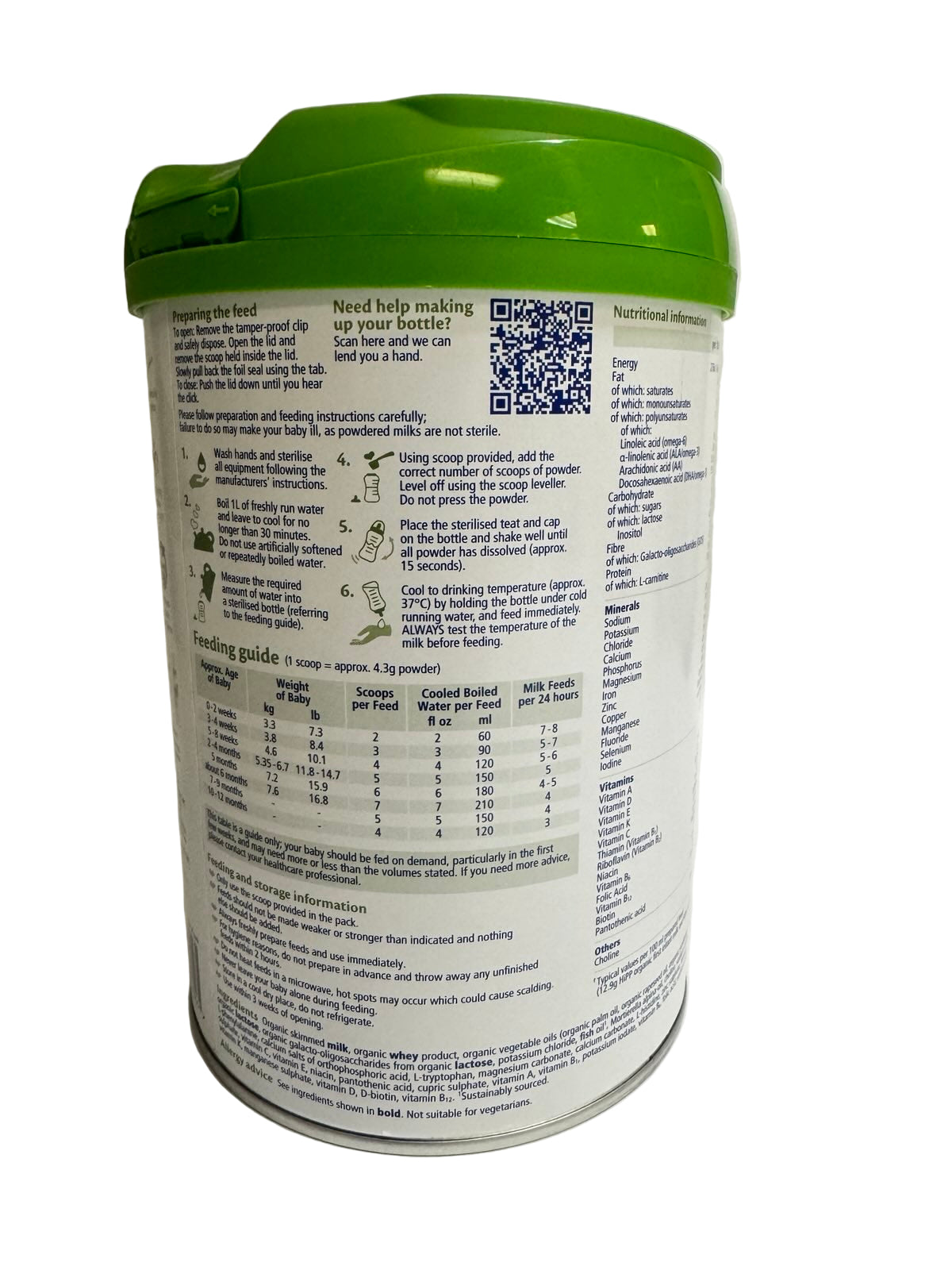 Container with green lid and nutritional information label on a white background