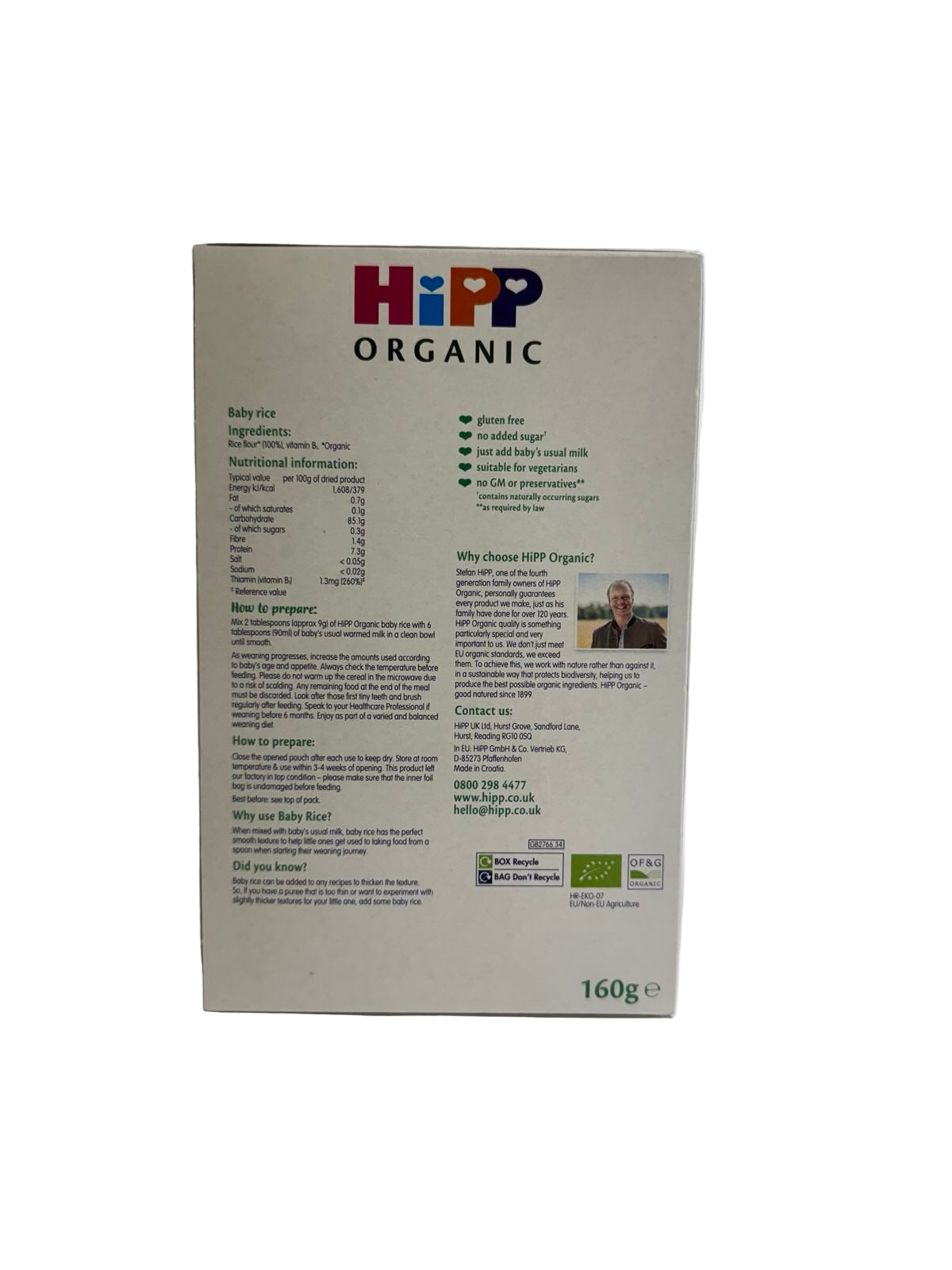 Hipp Organic baby rice box on a white background