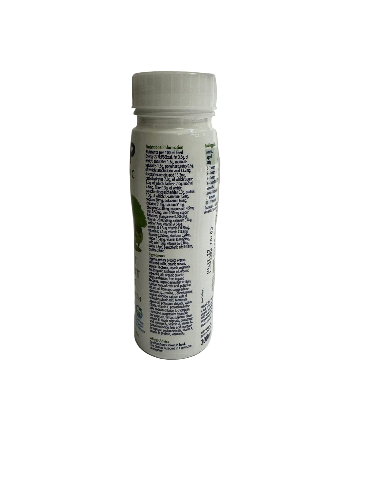 Hipp Organic First Infant Ready to Feed Milk bottle nutrition label on a plain background