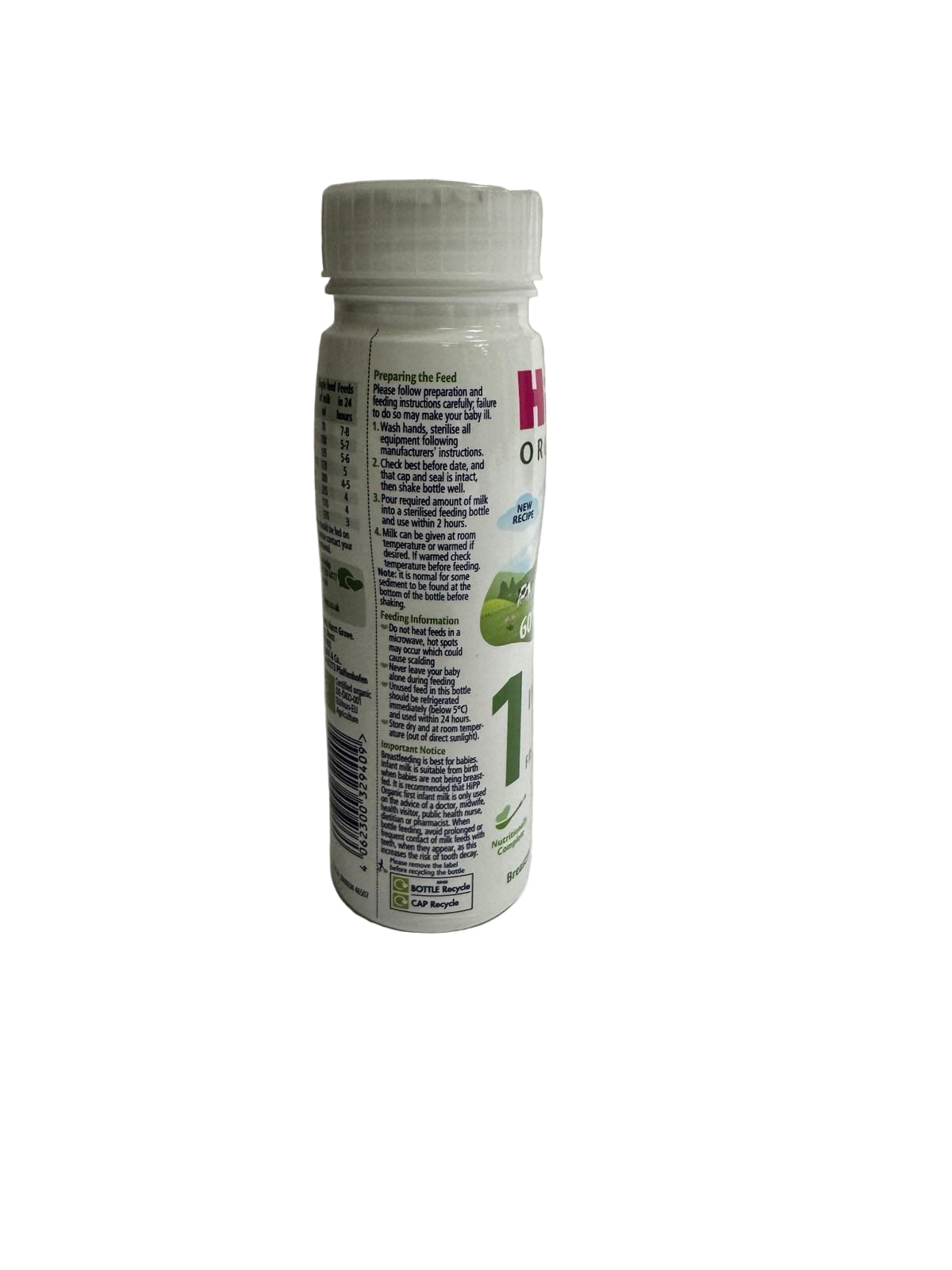 Hipp Organic First Infant Ready to Feed Milk bottle preparation instruction label on a plain background