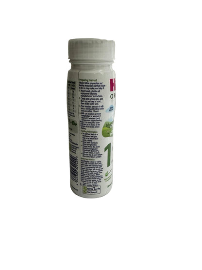 Hipp Organic First Infant Ready to Feed Milk bottle preparation instruction label on a plain background