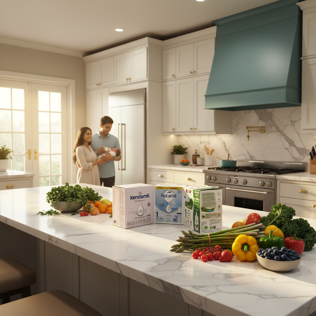 A modern kitchen scene with two people standing near a refrigerator in the background, while three product boxes sit on a marble countertop in the foreground surrounded by fresh vegetables and fruit. The boxes appear to be Kendafl, Aescap, and another dietary product.