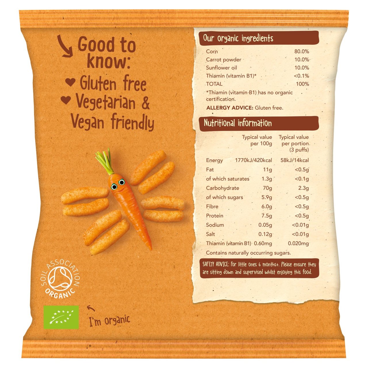 Organix Melty Carrot Organic Puffs Baby Snack 6 months+ 20g - Pack of 3 (20g x 3)