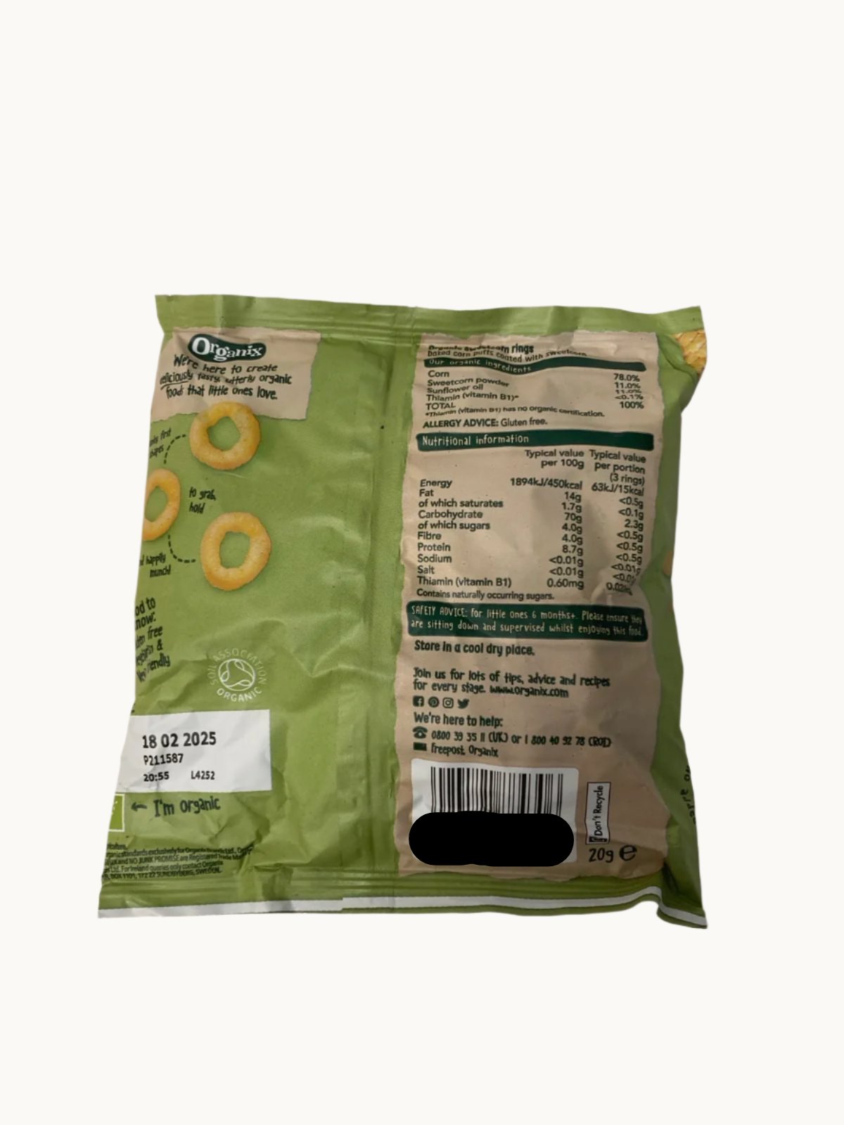 Organix Melty Sweetcorn Organic Rings Baby Snack 6 months+ 20g - Pack of 3 (20g x 3)