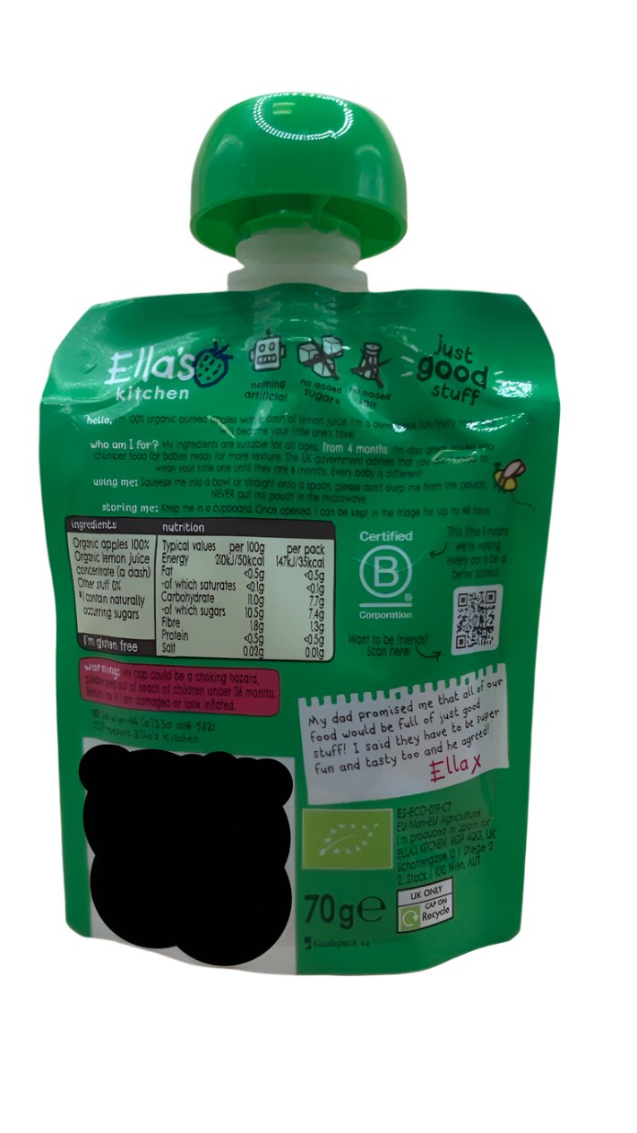 Ella's Kitchen Organic Smooth Apple Puree Stage 1 (70g) - Pack of 7 Pouches (70g x 7)